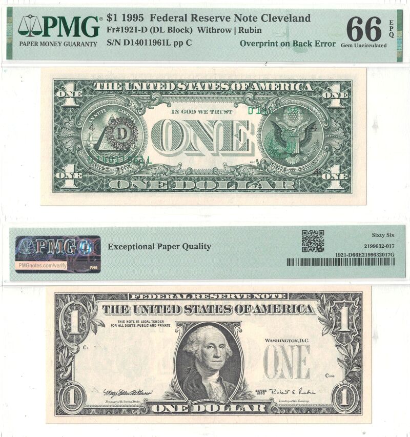 1995 $1 Federal Reserve Note Overprint on Back PMG Gem CU-66 EPQ