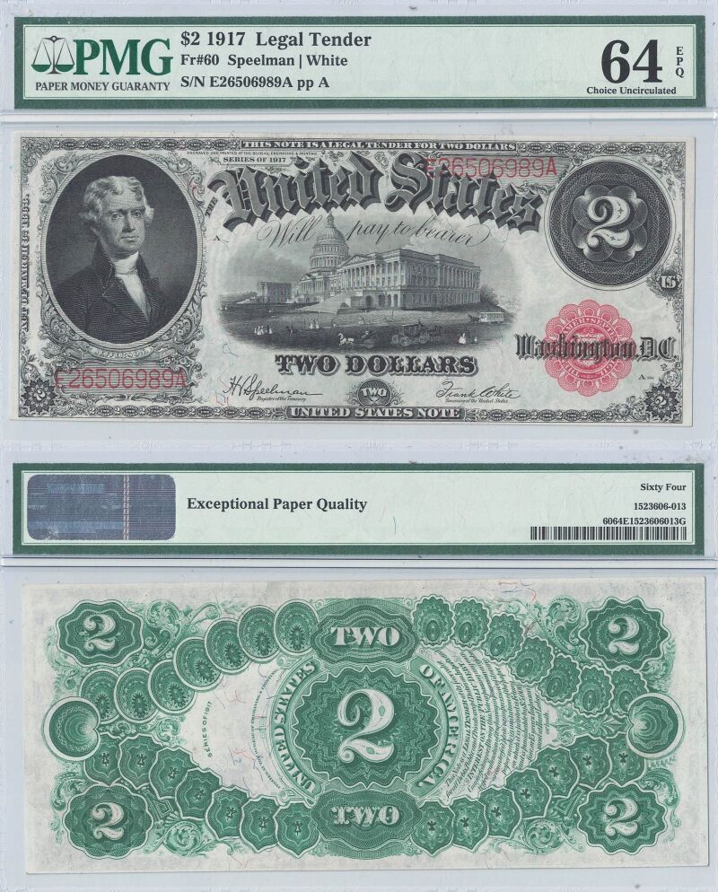 1917 $2 Legal Tender Note Fr-60 PMG Choice CU-64 EPQ