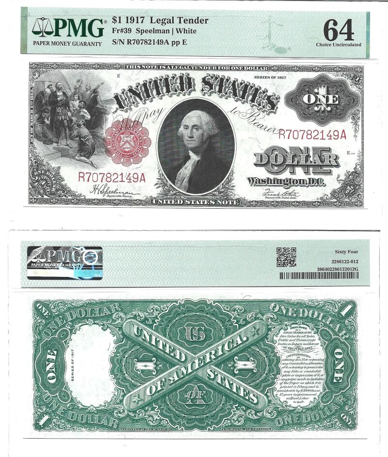 1917 $1 Legal Tender Note Fr-39 PMG Choice CU-64