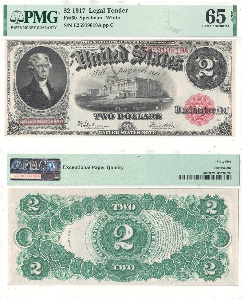 1917 $2 Legal Tender Note Fr-60 PMG Gem CU-65 EPQ