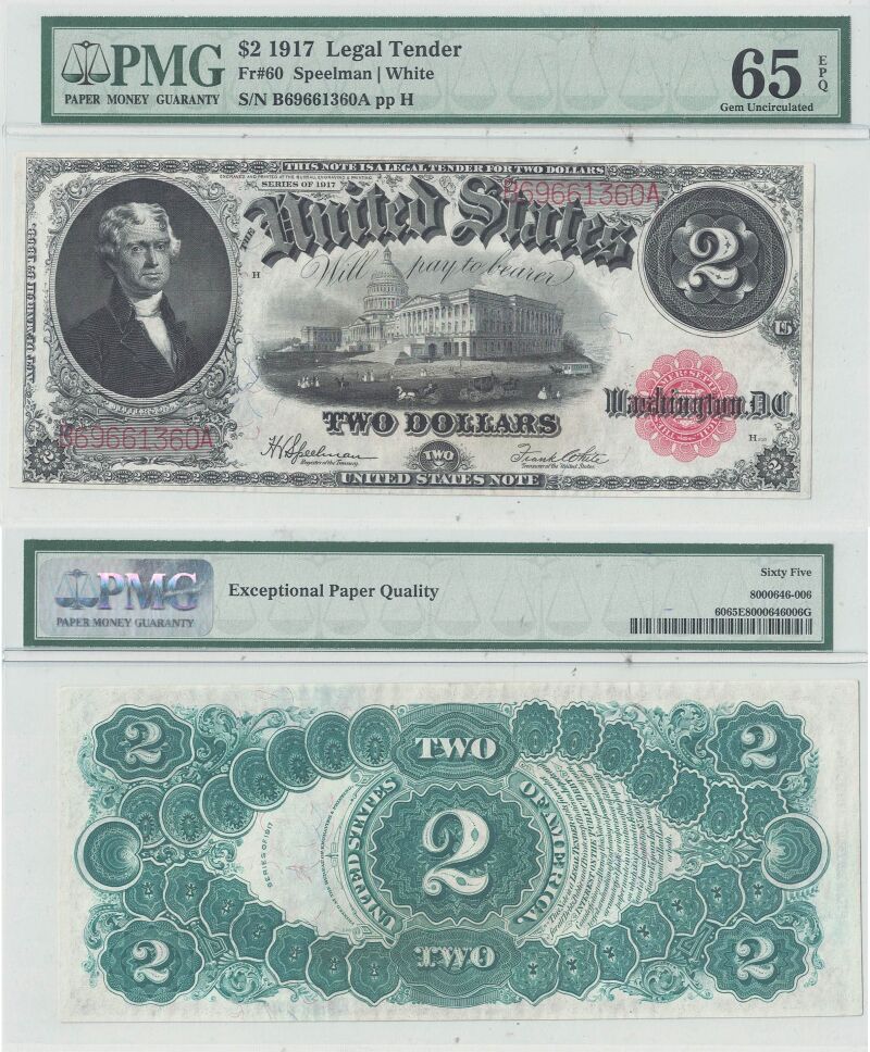 1917 $2 Legal Tender Note Fr-60 PMG Gem CU-65 EPQ