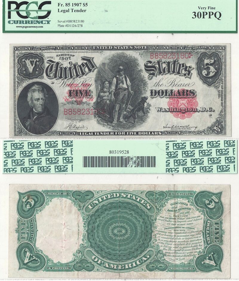 1907 $5 Legal Tender Note Fr-85 PCGS VF-30 PPQ