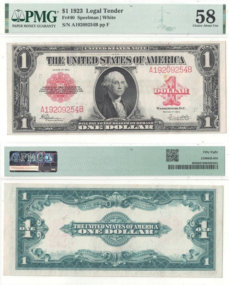 1923 $1 Legal Tender Note Fr-40 PMG Ch. AU-58