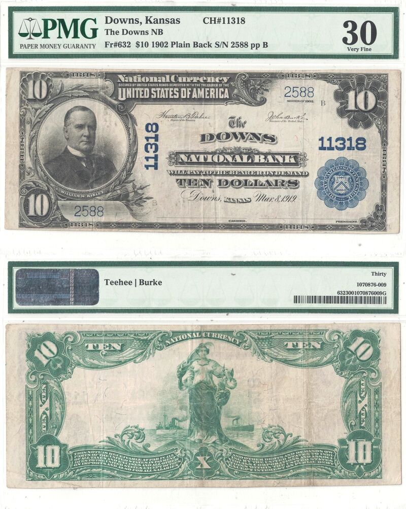 1902 $10 Kansas, Downs Charter 11318 PMG VF-30