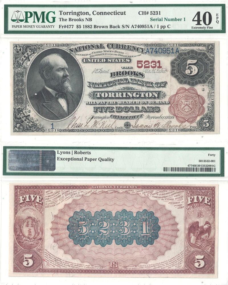 1882 $5 Connecticut, Torrington Charter 5231 Serial #1 PMG XF-40 EPQ
