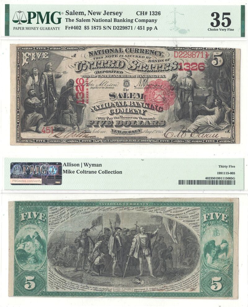 1875 $5 New Jersey, Salem Charter 1326 PMG Ch VF-35