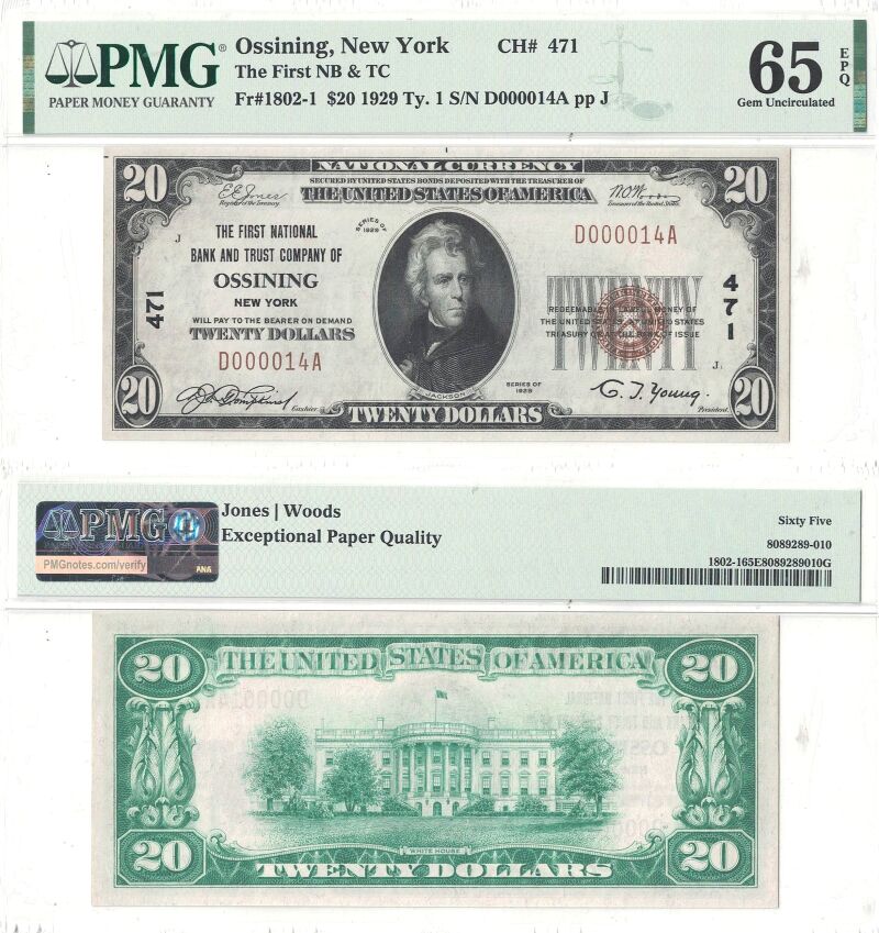 1929 $20 New York, Ossining PMG Gem-65 EPQ Charter 471