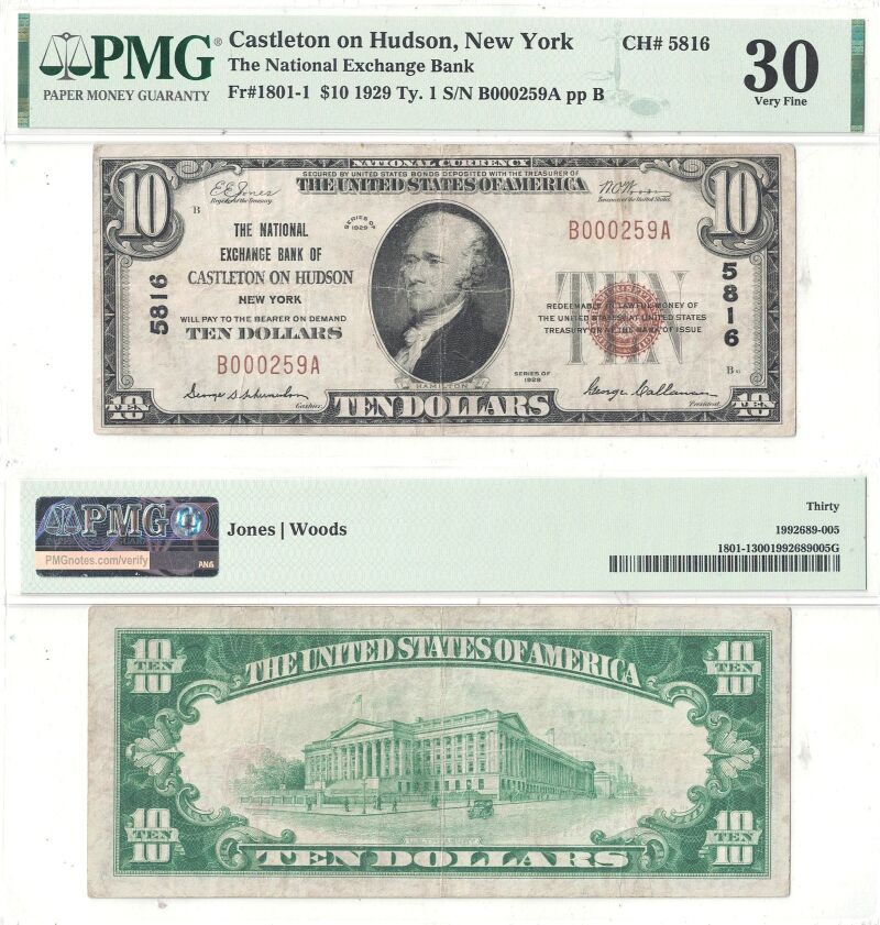 1929 $10 New York, Castleton on Hudson PMG VF-30 Charter 5816