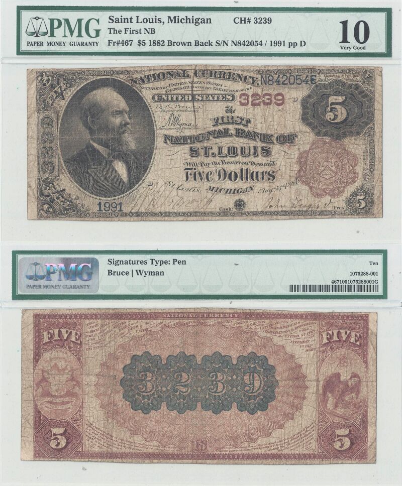 1882 $5  Michigan, St. Louis PMG VG-10 Charter 3239