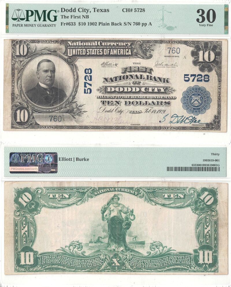 1902 $10 Texas, Dodd City Charter 5728 PMG VF-30