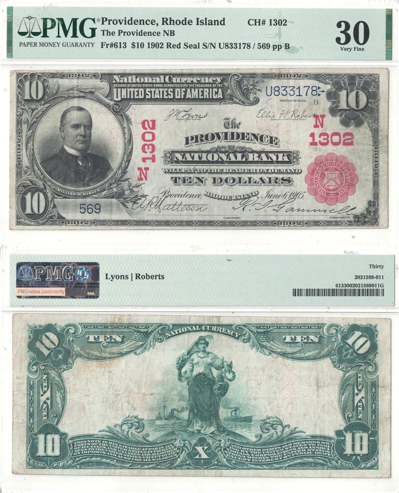 1902 $10 Rhode Island, Providence Charter 1302 PMG VF-30