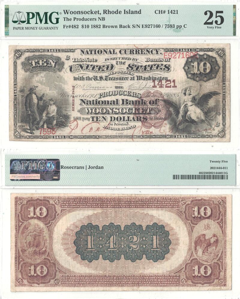 1882 $10 Rhode Island, Woonsocket Charter 1421 PMG VF-25