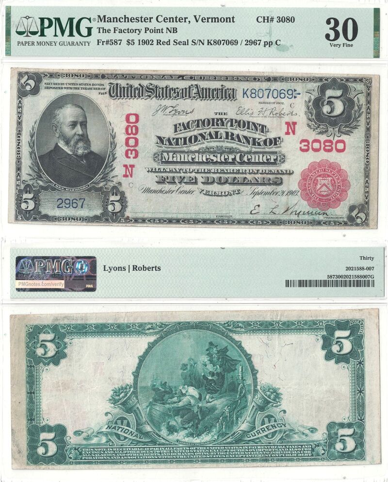 1902 $5 Vermont, Manchester Center Charter 3080 PMG VF-30