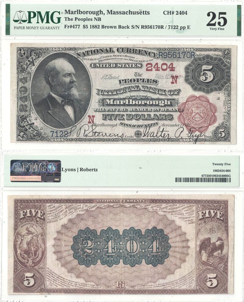 1882 $5 Massachusetts, Marlborough, Charter 2404 PMG VF-25