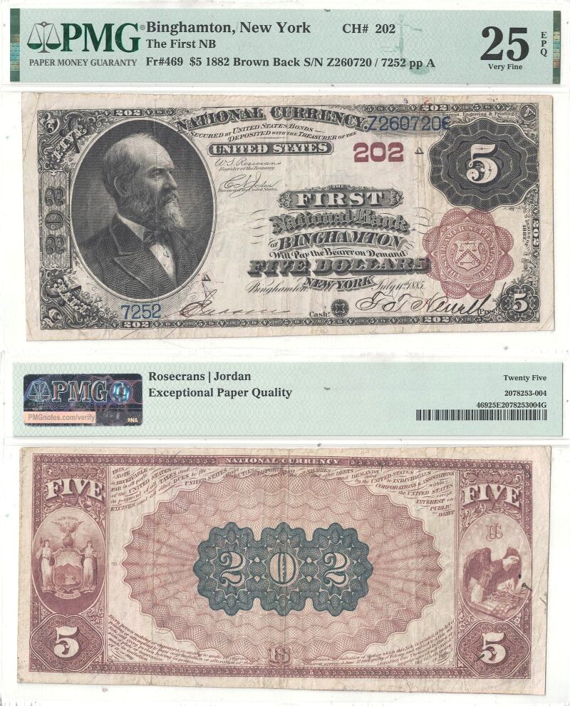 1882 $5 New York, Binghamton Charter 202 PMG VF-25 EPQ
