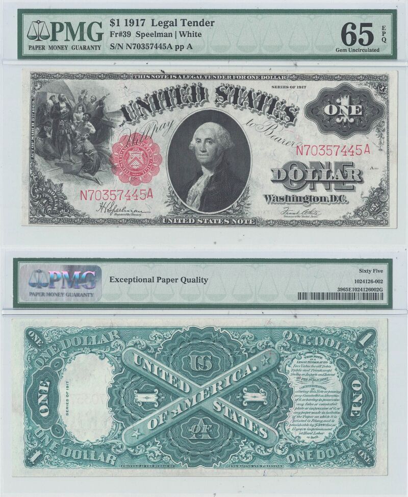 1917 $1 Legal Tender Note Fr-39 PMG Gem CU-65 EPQ
