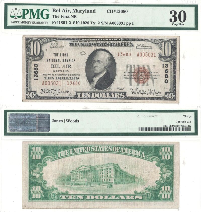 1929 $10 Maryland, Bel Air PMG VF-30 Charter 13680