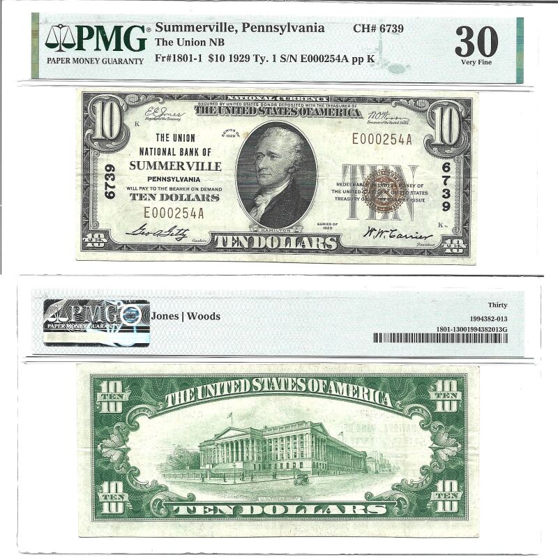 1929 $10 Pennsylvania, Summerville PMG VF-30 Charter 6739