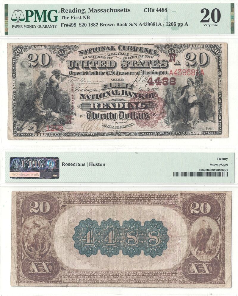 1882 $20 Massachusetts, Reading Charter 4488 PMG VF-20