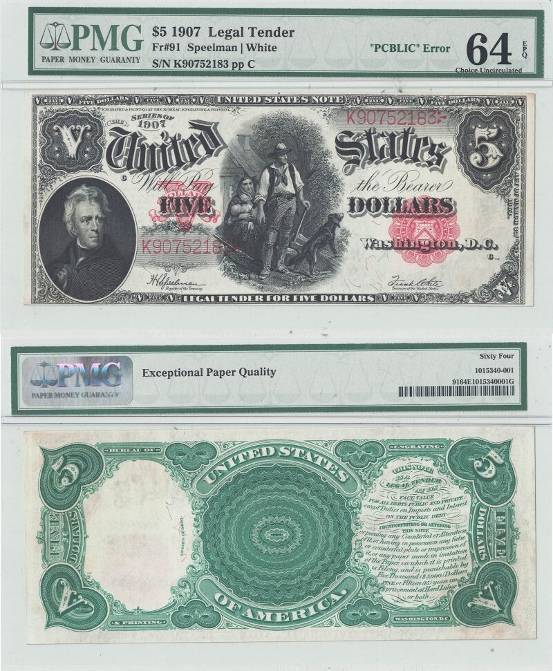 1907 $5 Legal Tender Note Fr-91 PMG Choice CU-64 EPQ