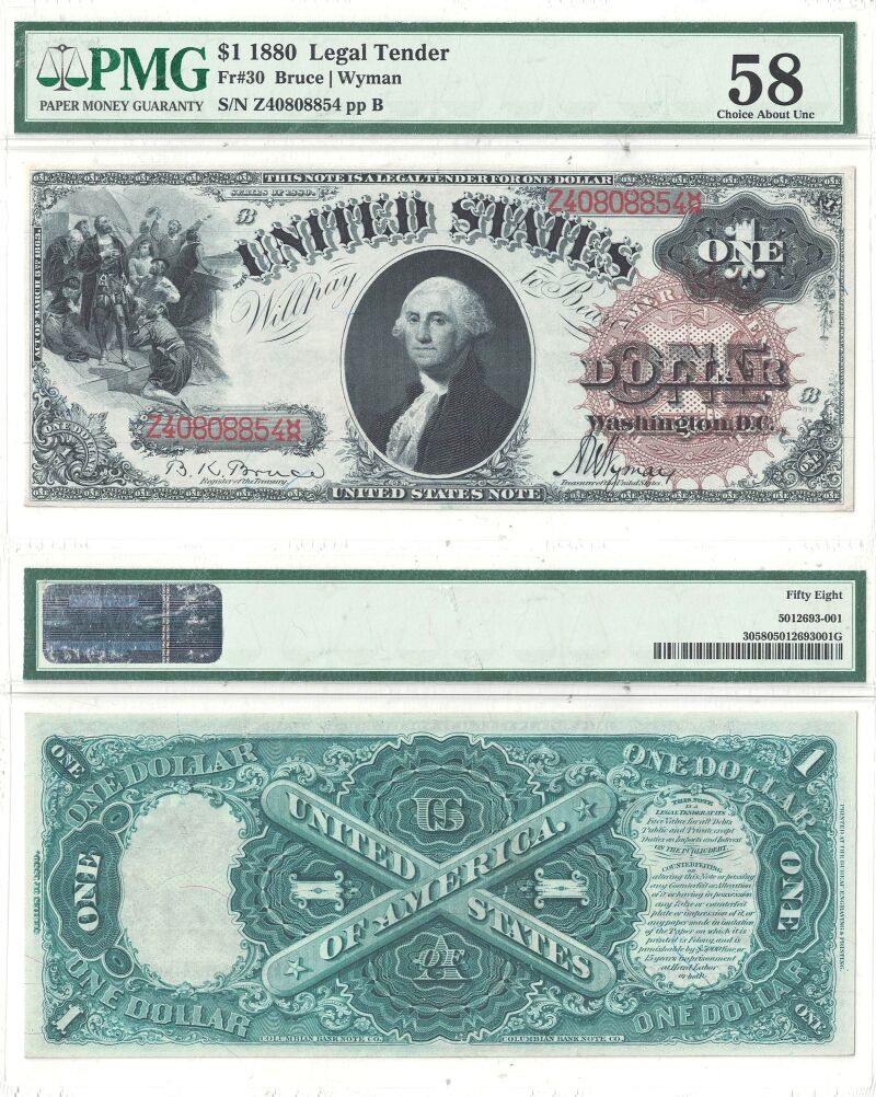 1880 $1 Legal Tender Note Fr-30 PMG AU-58