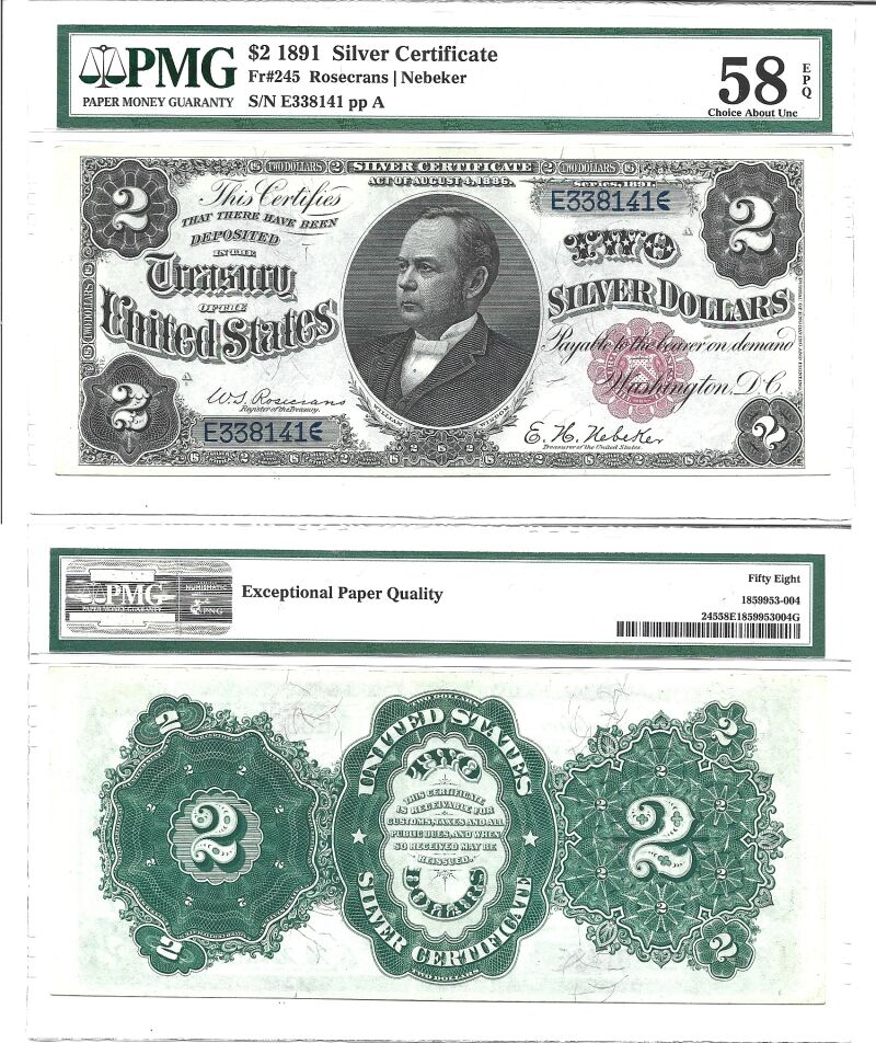 1891 $2 Silver Certificate Fr-245 PMG AU-58 EPQ