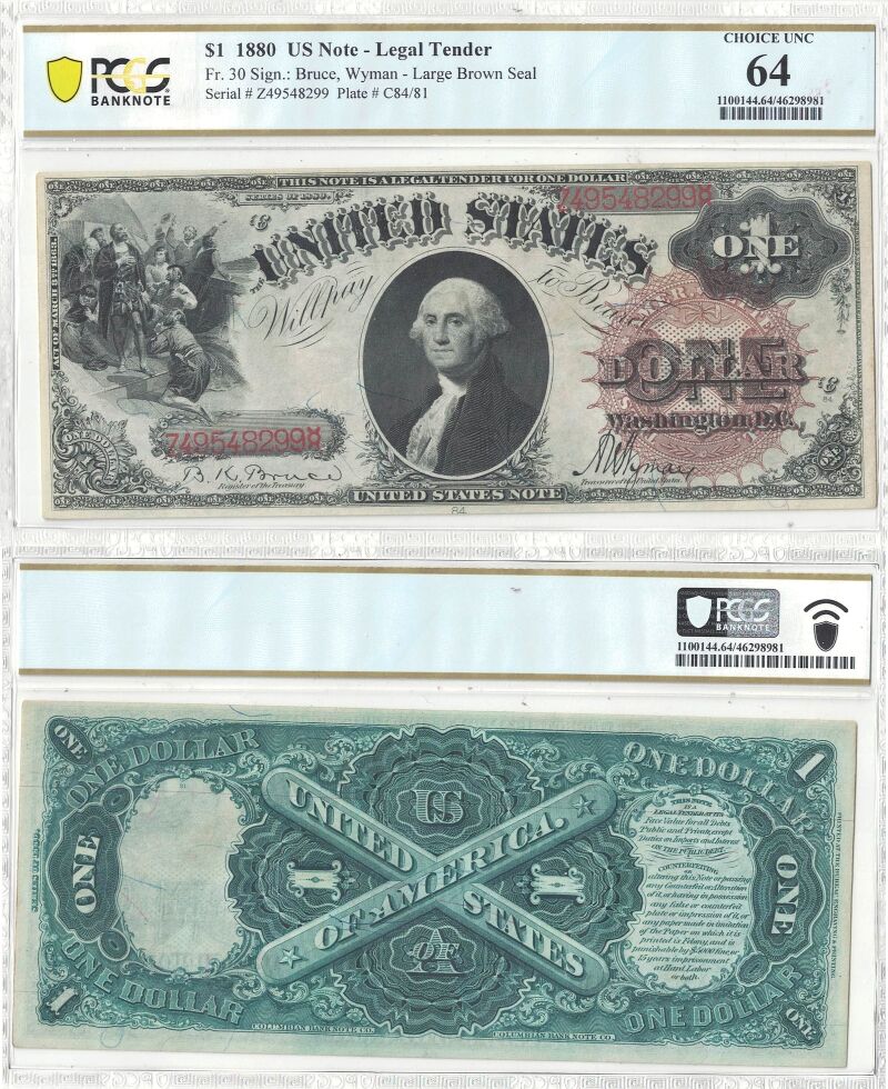 1880 $1 Legal Tender Note Fr-30 PCGS Choice CU-64