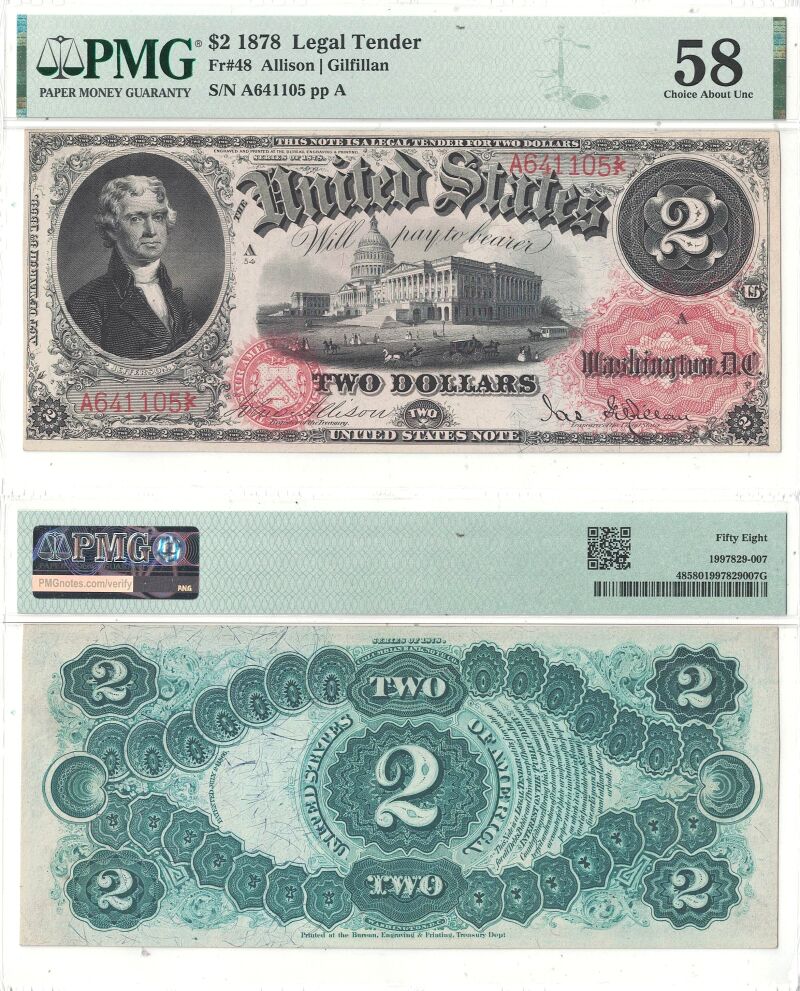 1878 $2 Legal Tender Note Fr-48 PMG AU-58