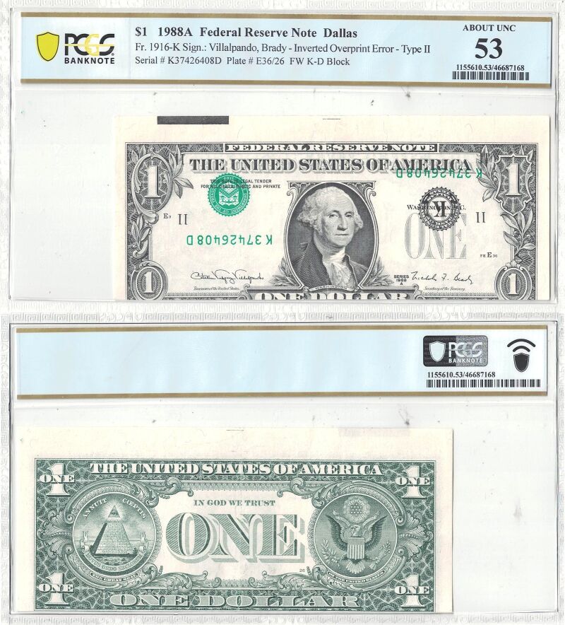1988-A $1 Federal Reserve Note Inverted Overprint PCGS AU-53