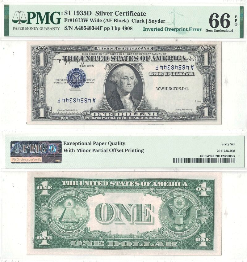 1935-D $1 Silver Certificate Inverted Overprint Error  PMG Gem CU-66 EPQ