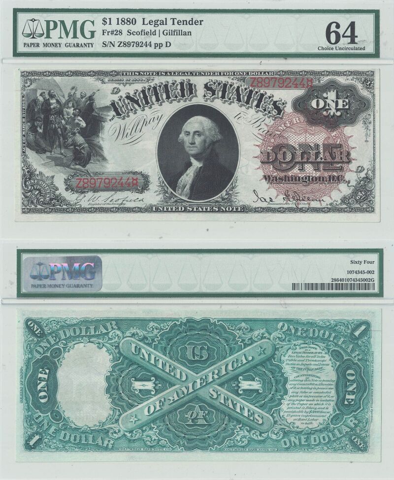 1880 $1 Legal Tender Note Fr-28 PMG Choice CU-64