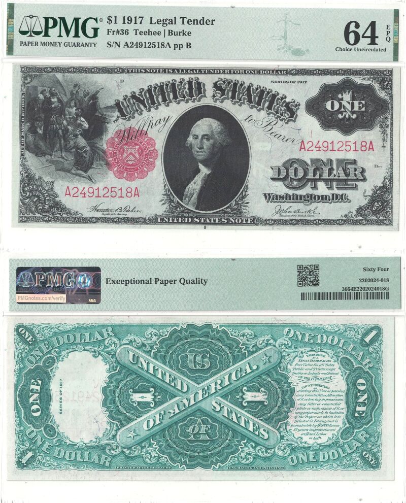 1917 $1 Legal Tender Note Fr-36 PMG Choice CU-64 EPQ