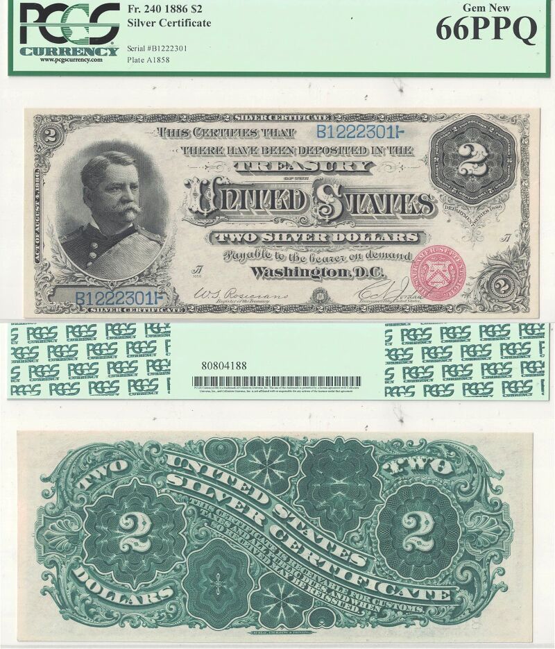 1886 $2 Silver Certificate Fr-240 PCGS Gem CU-66 PPQ