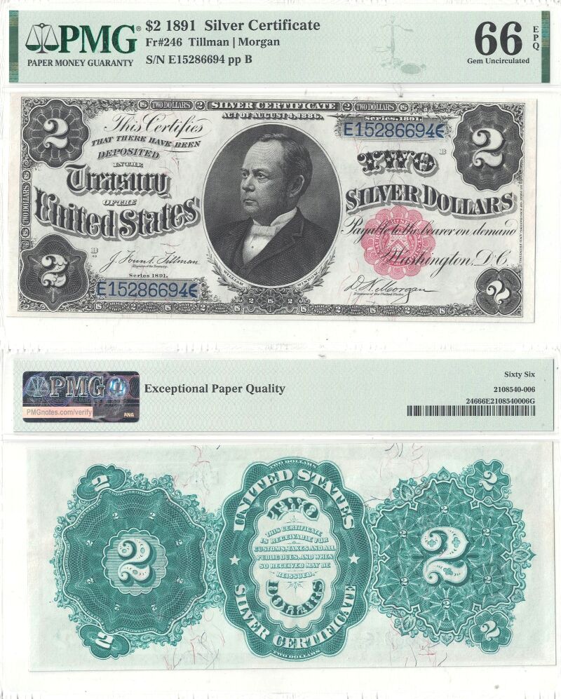 1891 $2 Silver Certificate Fr-246 PMG Gem CU-66 EPQ