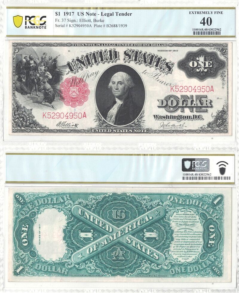 1917 $1 Legal Tender Note Fr-37 PCGS XF-40
