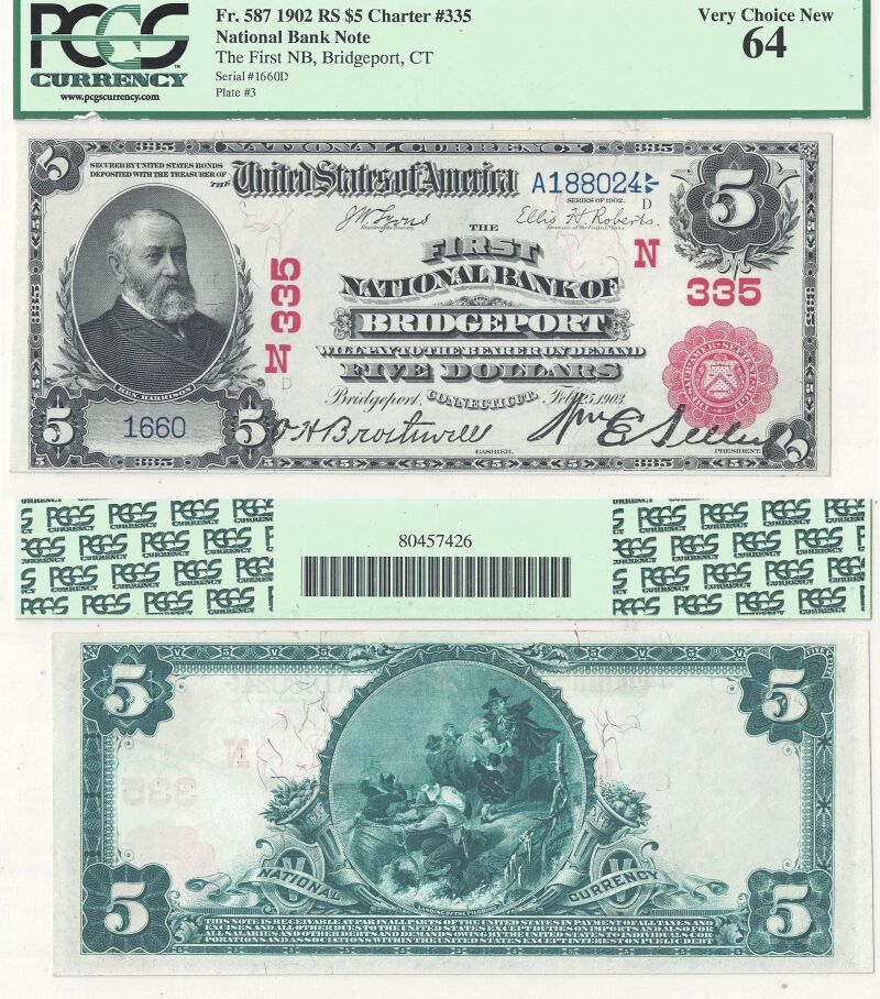1902 $5 Connecticut, Bridgeport Charter 335 PCGS Choice CU-64