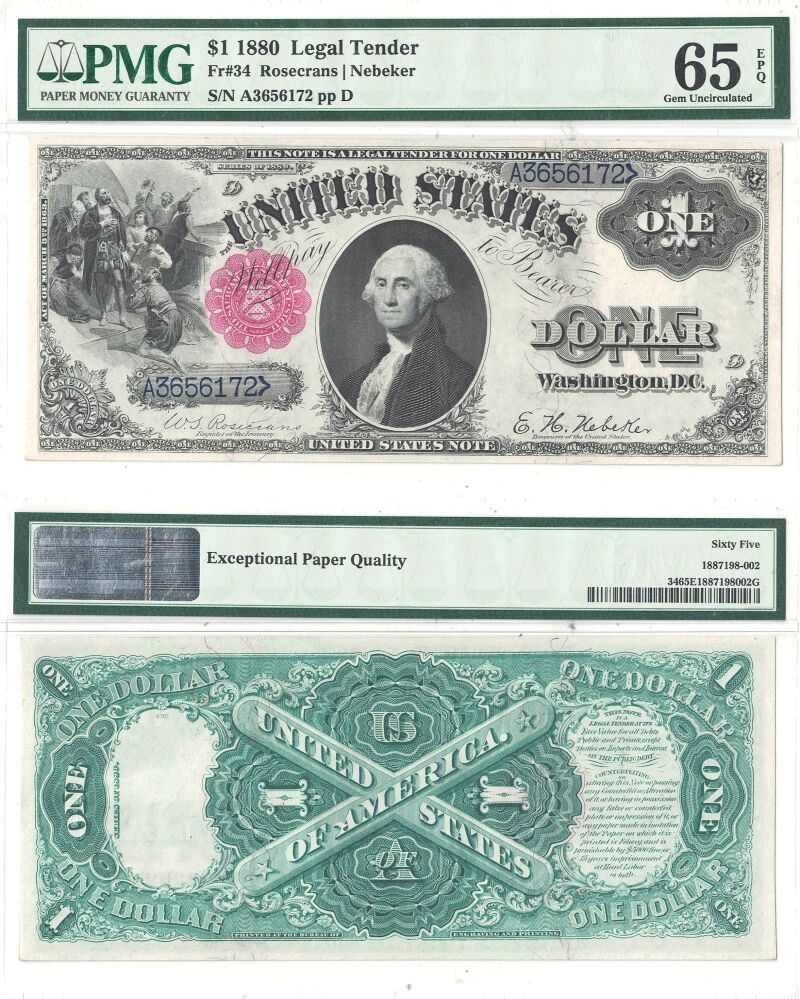 1880 $1 Legal Tender Note Fr-34 PMG Gem CU-65 EPQ