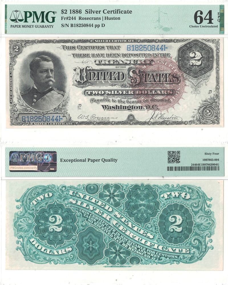 1886 $2 Silver Certificate Fr-244 PMG Choice CU-64 EPQ