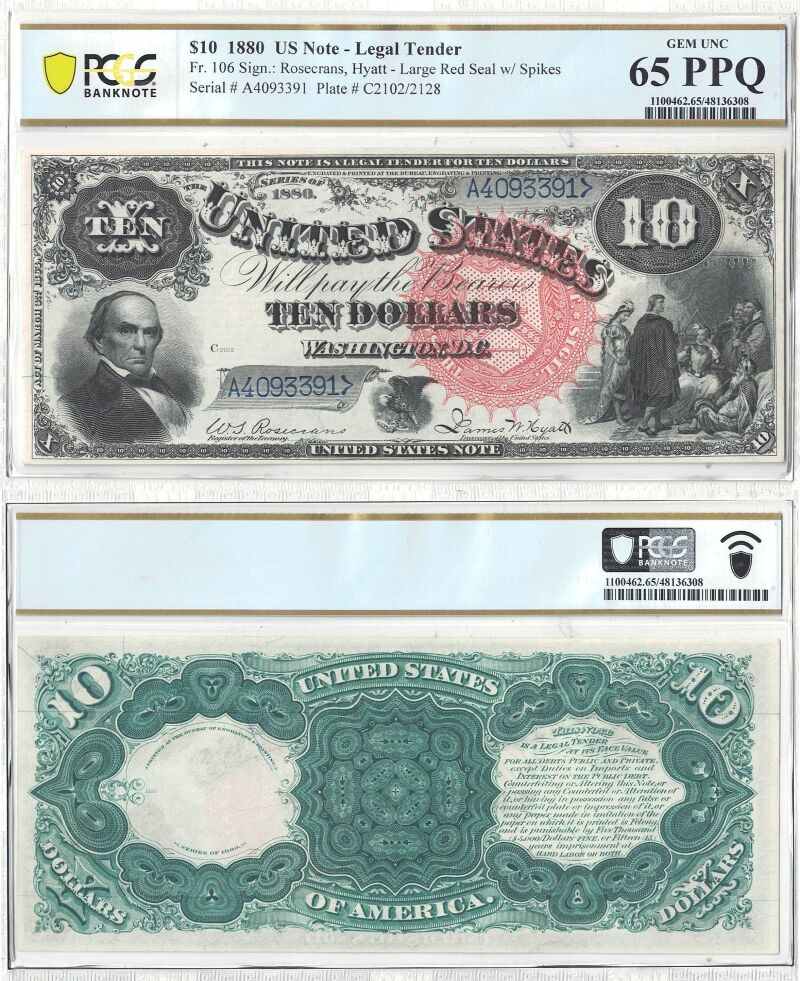 1880 $10 Legal Tender Note Fr-106 PCGS Gem CU-65 PPQ
