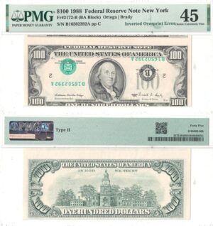 1988 $100 FRN Inverted Overprint Error PMG Ch XF-45