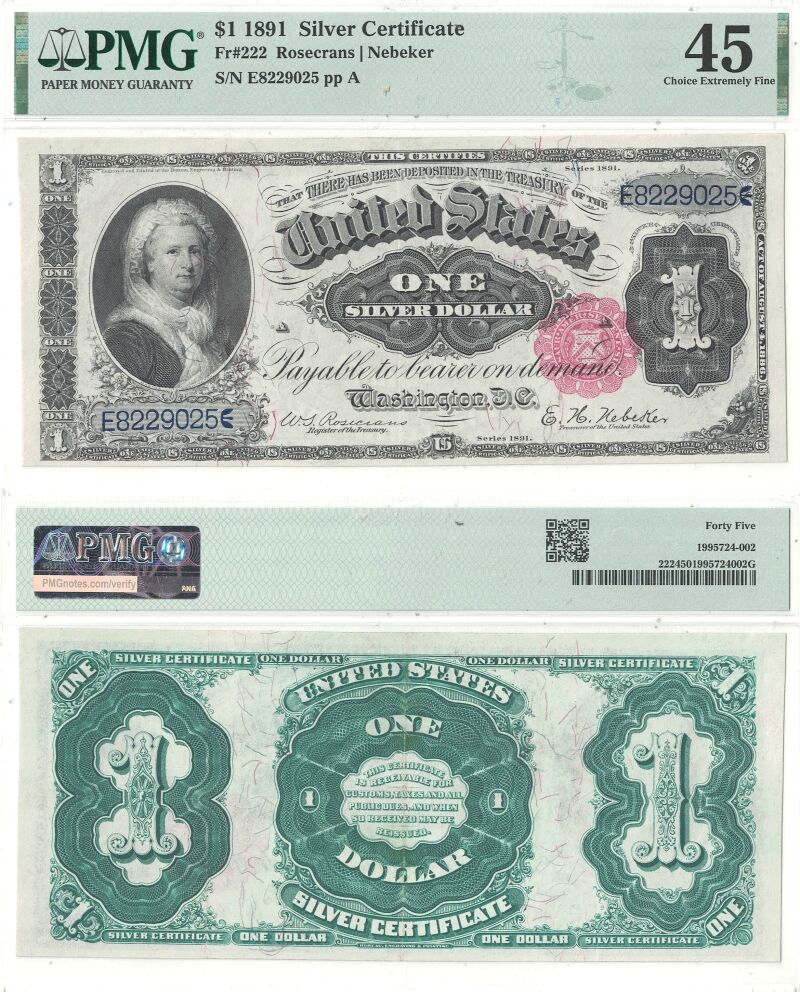 1891 $1 Silver Certificate Fr-222 PMG XF-45