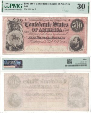 1864 $500 Confederate Note T-64 PMG VF-30