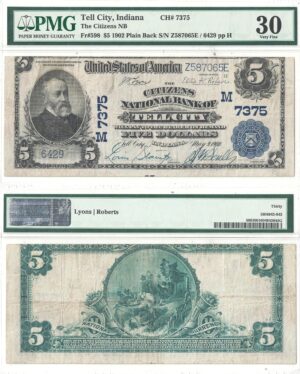 1902 $5 Indiana, Tell City Charter 7375 PMG VF-30
