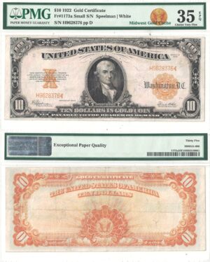 1922 $10 Gold Certificate Fr-1173a PMG VF-35 EPQ