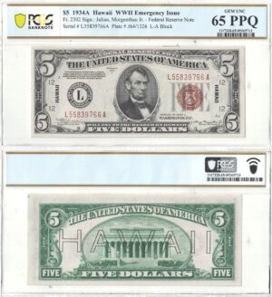 1934-A $5 Hawaii Fr-2302 PCGS GEM CU-65 PPQ