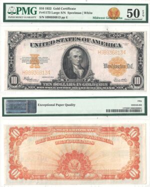 1922 $10 Gold Certificate Fr-1173 PMG AU-50 EPQ
