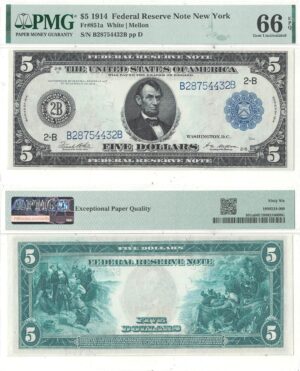 1914 $5 Federal Reserve Note Fr-851a PMG Gem CU-66 EPQ