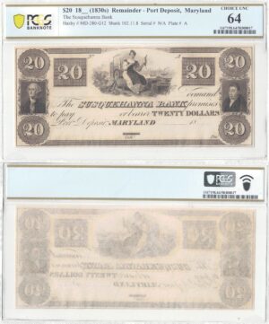 1830's $20 Port Deposit, Maryland PCGS Choice UNC-64