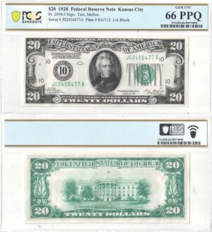 1928 $20 Federal Reserve Note Fr-2050-J PCGS Gem CU-66 PPQ