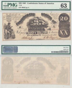 1861 $20 Confederate Note T-18 PMG Choice CU-63